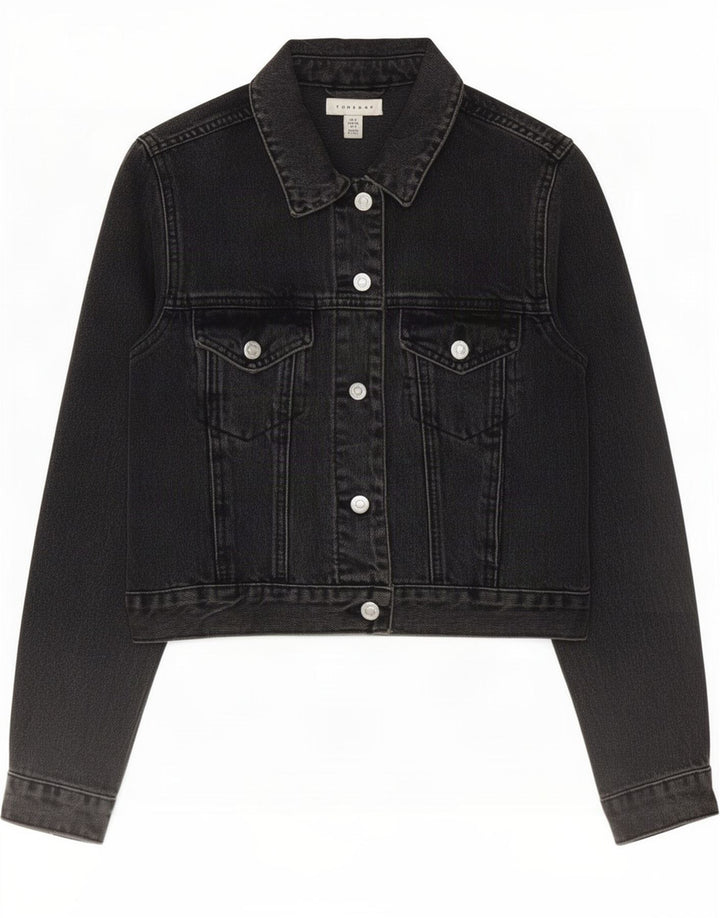 Topshop Damen Crop Denim Jacke UK 8 Small Schwarze Baumwolle