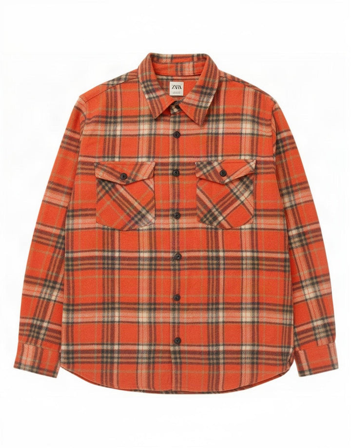 Zara Herren-Flanellhemd mit entspannter Passform, großes orangefarbenes Karomuster, Polyester