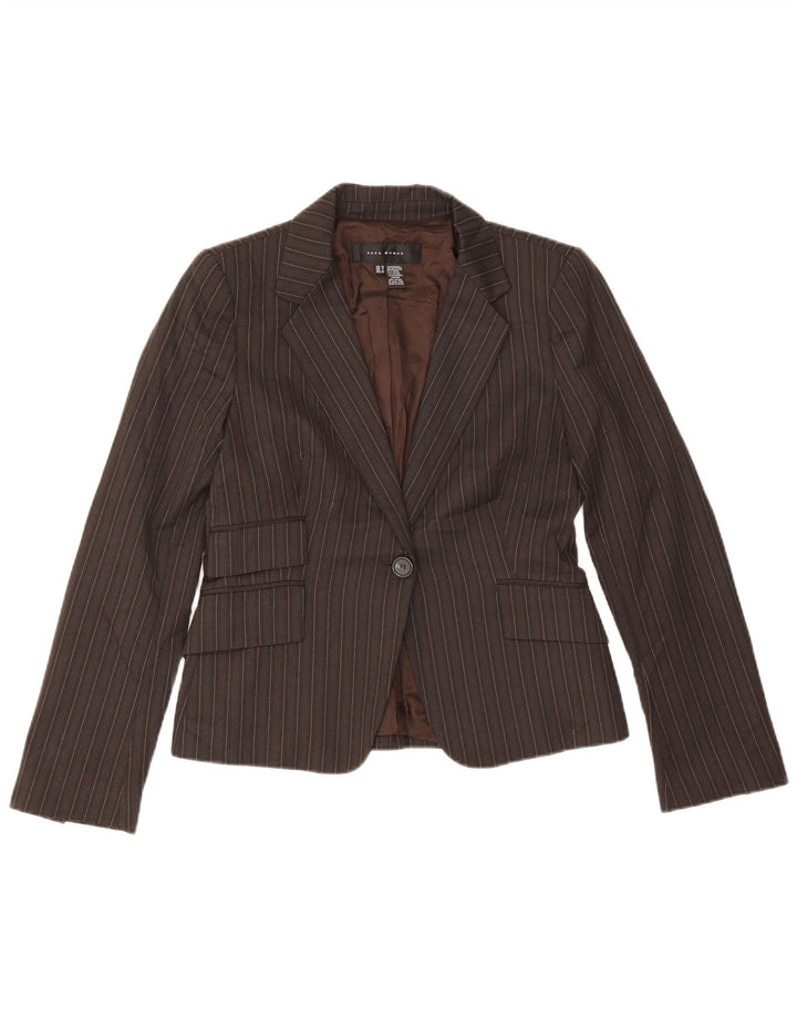 Zara Damen-Blazerjacke mit 1 Knopf, EU 38, kleines braunes Nadelstreifen-Polyester