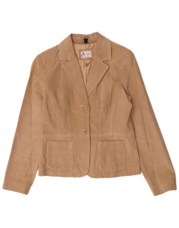 Vivien Caron Damen-Blazerjacke aus Wildleder mit 2 Knöpfen, EU 36, kleines beiges Leder