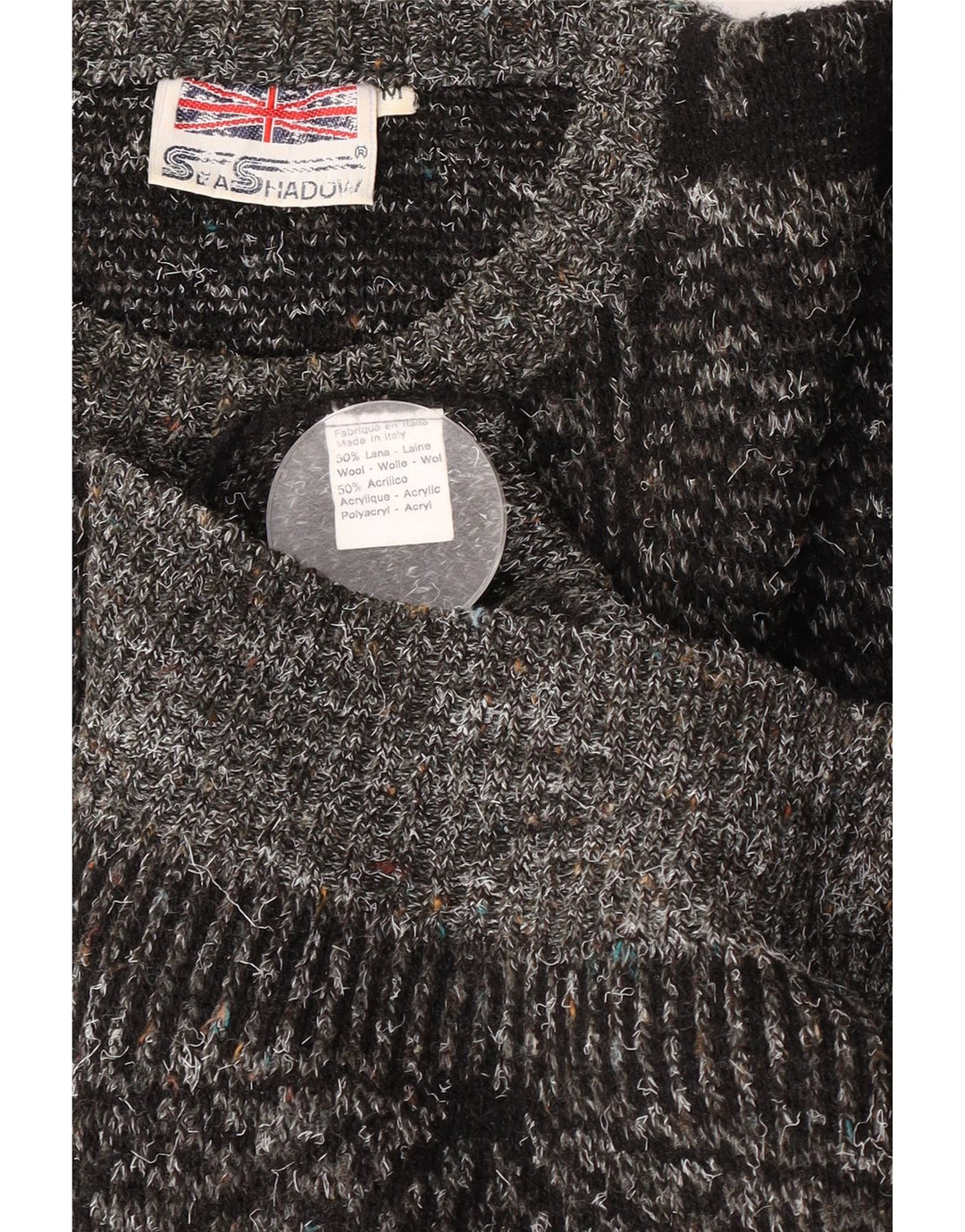 Vintage Herren-Pullover mit U-Boot-Ausschnitt, mittelgraue geometrische Wolle