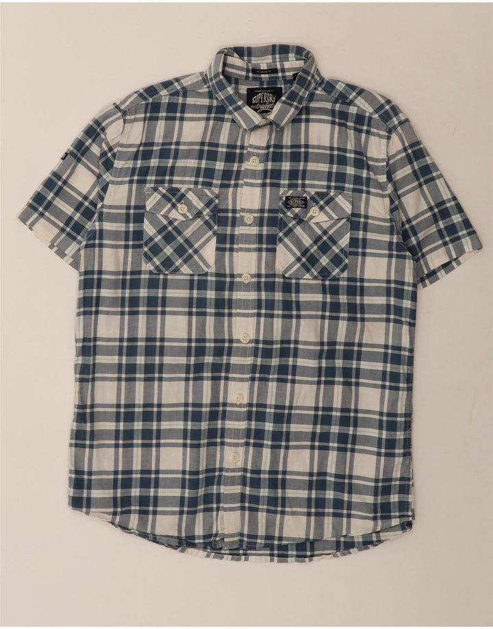 Superdry Herren-Kurzarmhemd XL, blau kariert, Baumwolle
