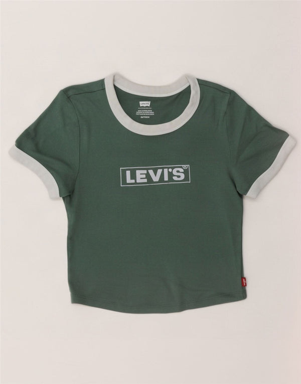 Levi's Damen Crop Graphic T-Shirt Top UK 6 XS Grüne Colourblock-Baumwolle