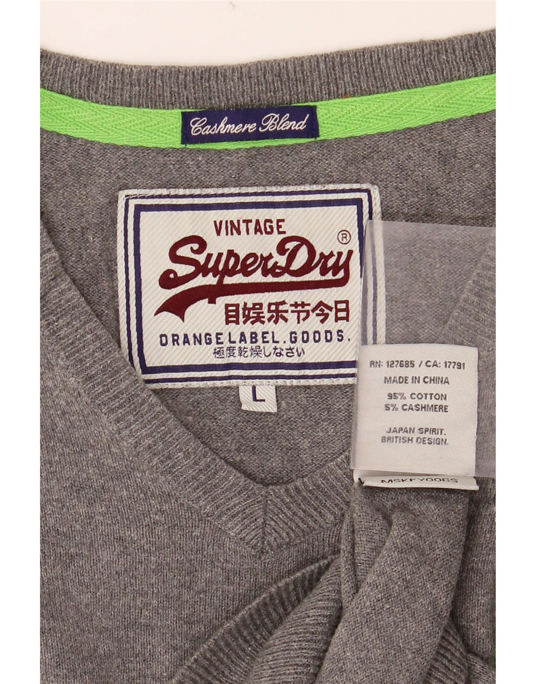 SUPERDRY Herren-Pullover mit V-Ausschnitt, Größe L, aus grauer Baumwolle