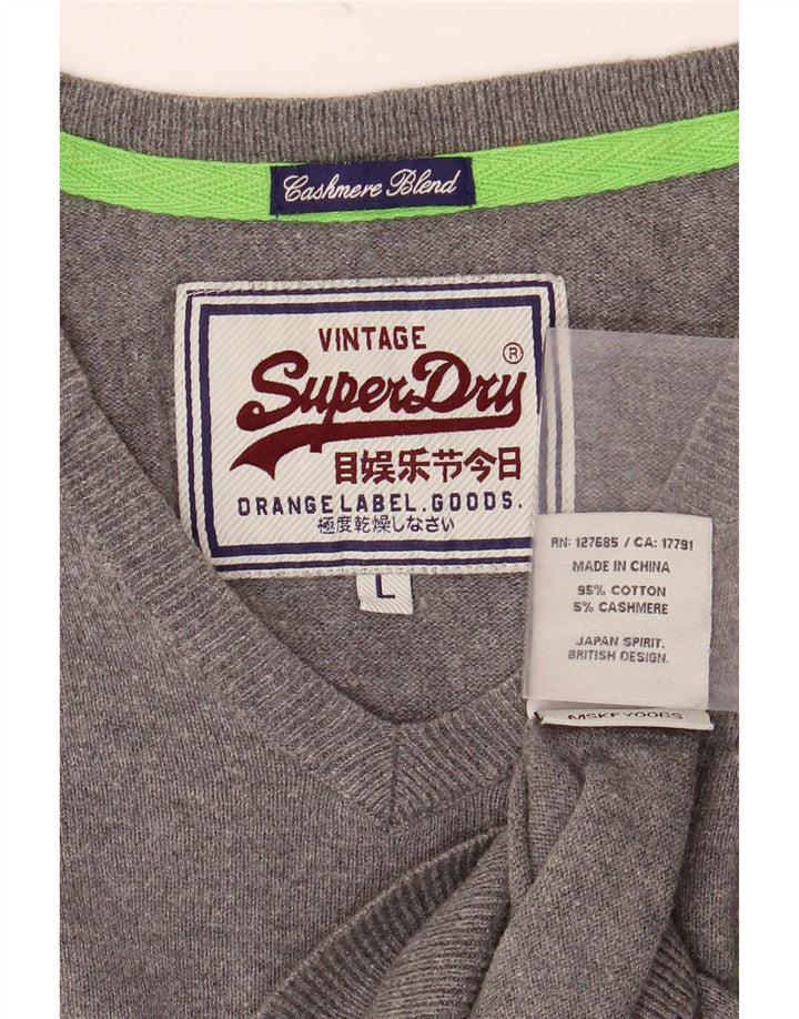 SUPERDRY Herren-Pullover mit V-Ausschnitt, Größe L, aus grauer Baumwolle