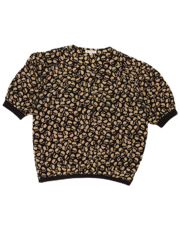Vintage Damen Crop Bluse Top UK 14 Mittelschwarze Blumenseide