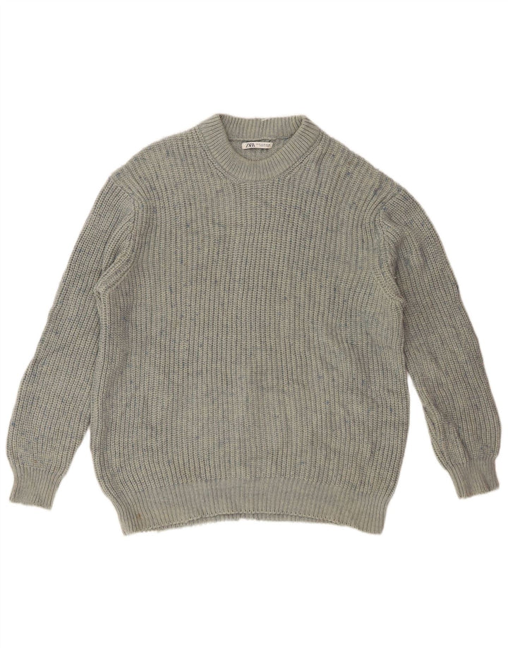Zara Herren-Pullover mit Rundhalsausschnitt, mittelblau geflecktes Acryl