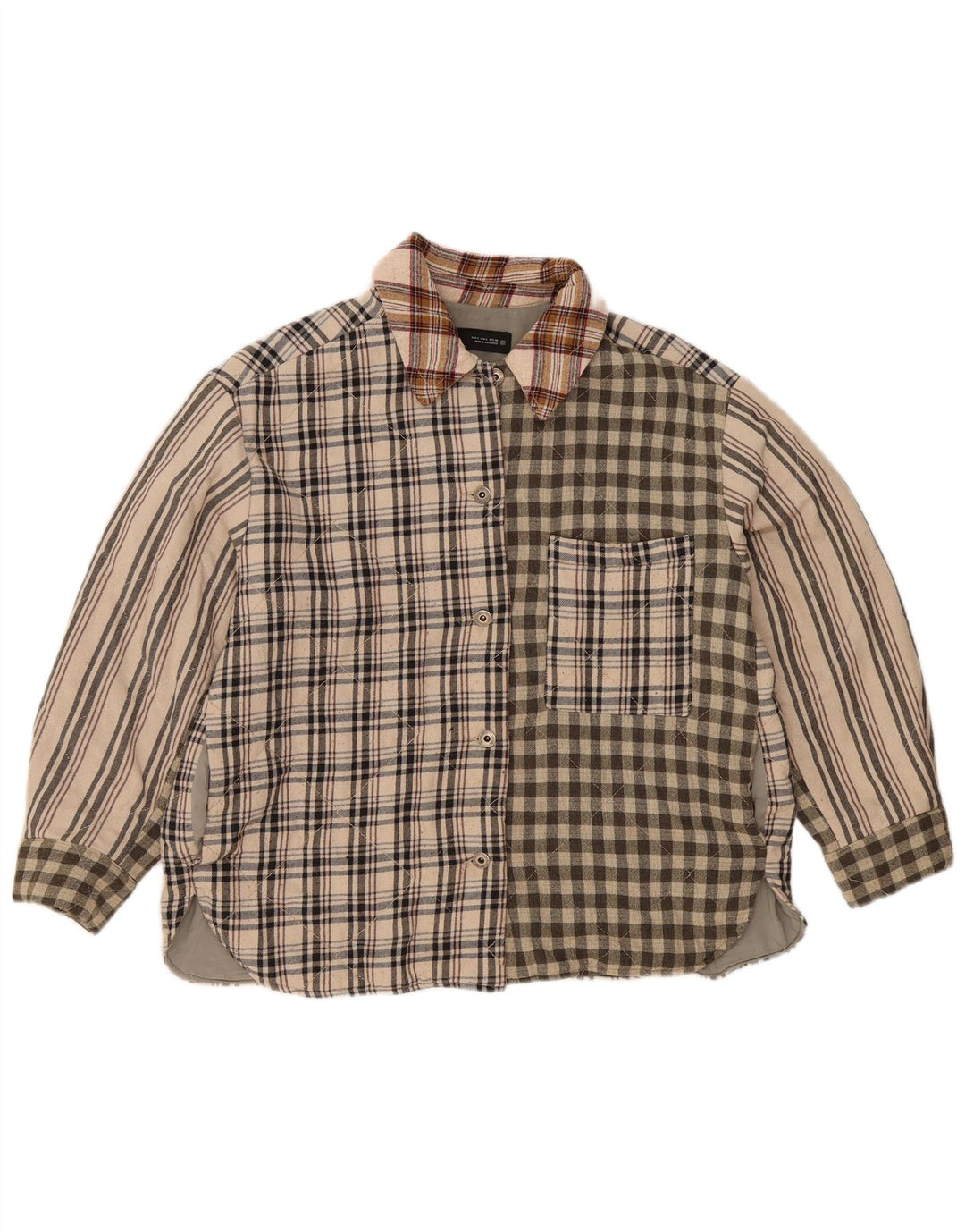 Zara Damen Lumberjack Flanellhemd UK 16 Large Beige Patchwork Polyester