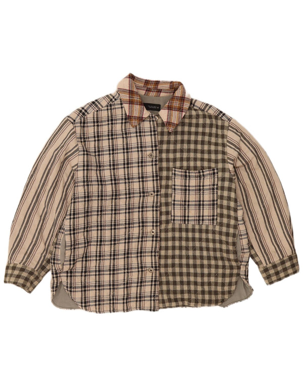 Zara Damen Lumberjack Flanellhemd UK 16 Large Beige Patchwork Polyester