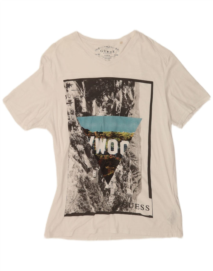 Guess Herren-T-Shirt mit Grafik, UK 40, mittelweiße Baumwolle