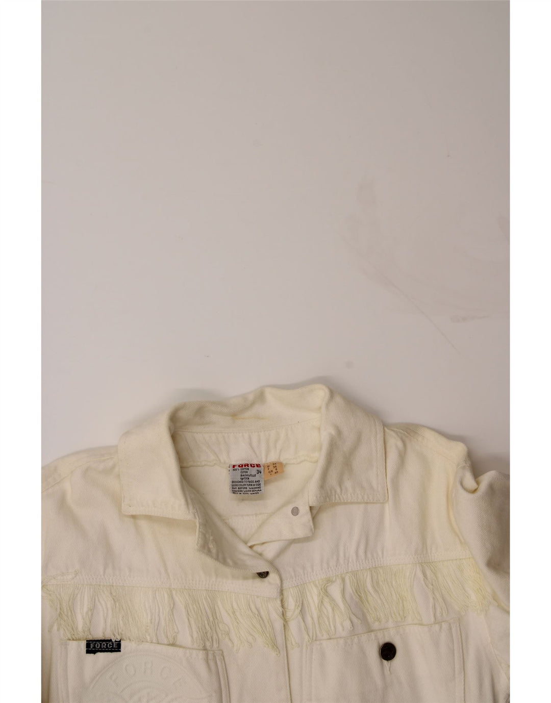 VINTAGE Womens Graphic Crop Denim Jacket UK 8 Small Off White Cotton Vintage Vintage and Second-Hand Vintage from Messina Hembry 