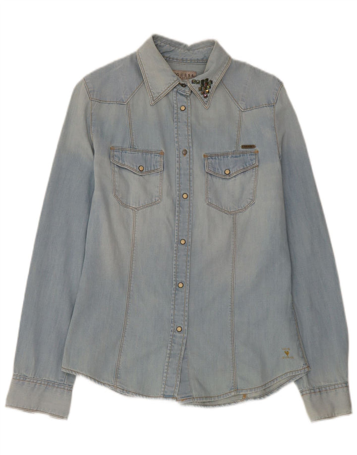 Guess Damen Jeanshemd UK 10 Small Blau Baumwolle