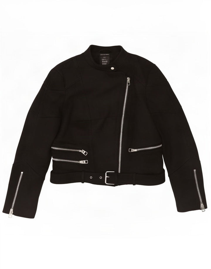 Zara Damen Trafaluc Crop Bikerjacke UK 12 Medium Schwarz Polyester