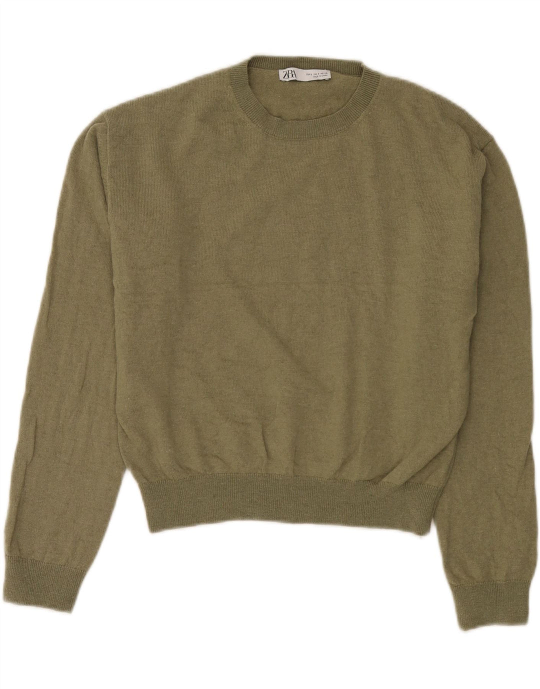 Zara Damen-Pullover, übergroß, Rundhalsausschnitt, Gr. 10, Größe S, grüne Wolle