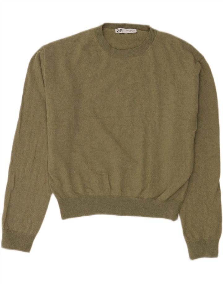 Zara Damen-Pullover, übergroß, Rundhalsausschnitt, Gr. 10, Größe S, grüne Wolle