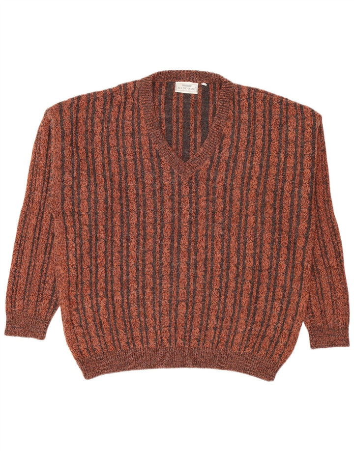 Vintage Herren Pullover mit V-Ausschnitt, klein, braun gestreift