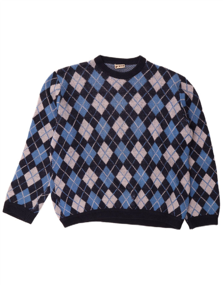 VINTAGE Mens Crew Neck Jumper Sweater Large Blue Argyle/Diamond Classic