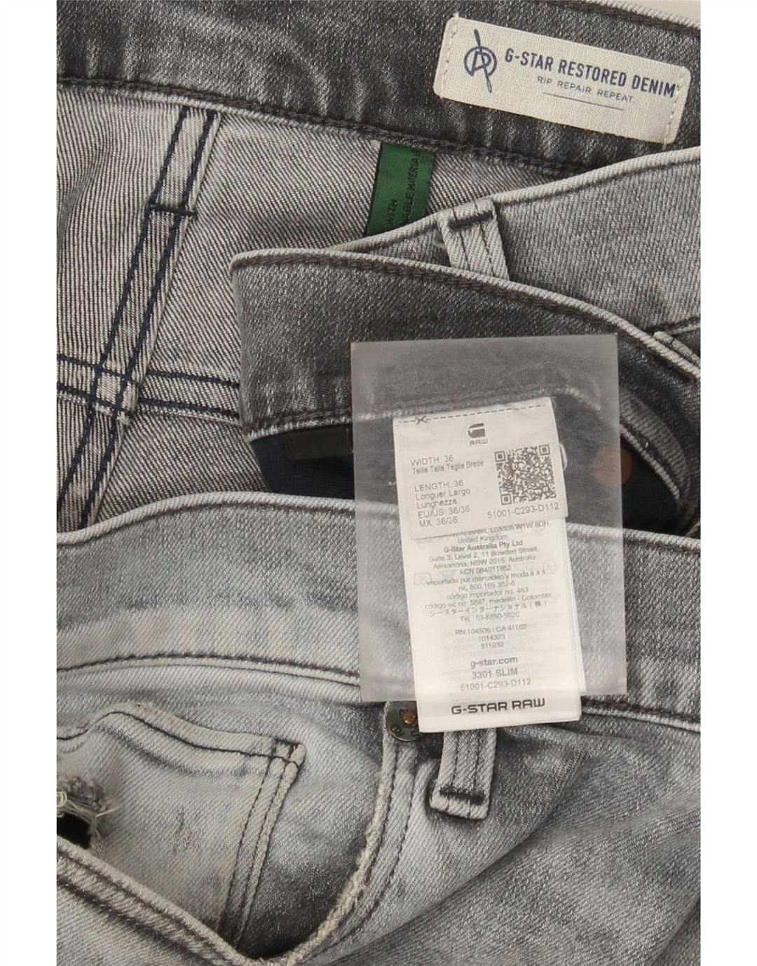 G-Star Herren 3301 Distressed Slim Jeans W36 L36 Graue Baumwolle