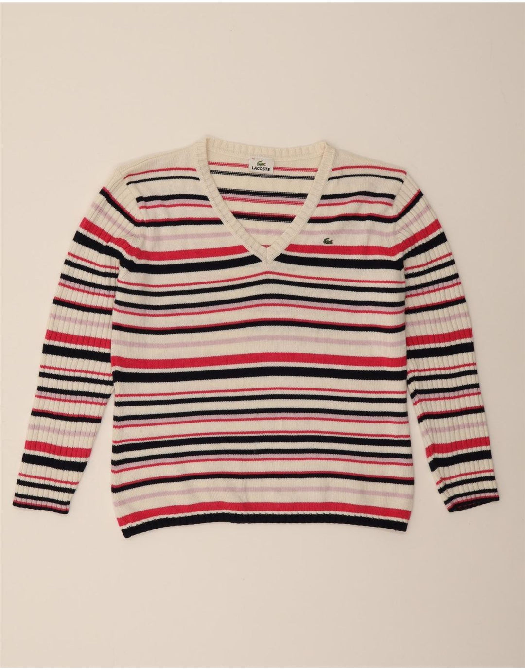LACOSTE Womens V-Neck Jumper Sweater Size 46 XL Multicoloured Striped Vintage Lacoste and Second-Hand Lacoste from Messina Hembry 