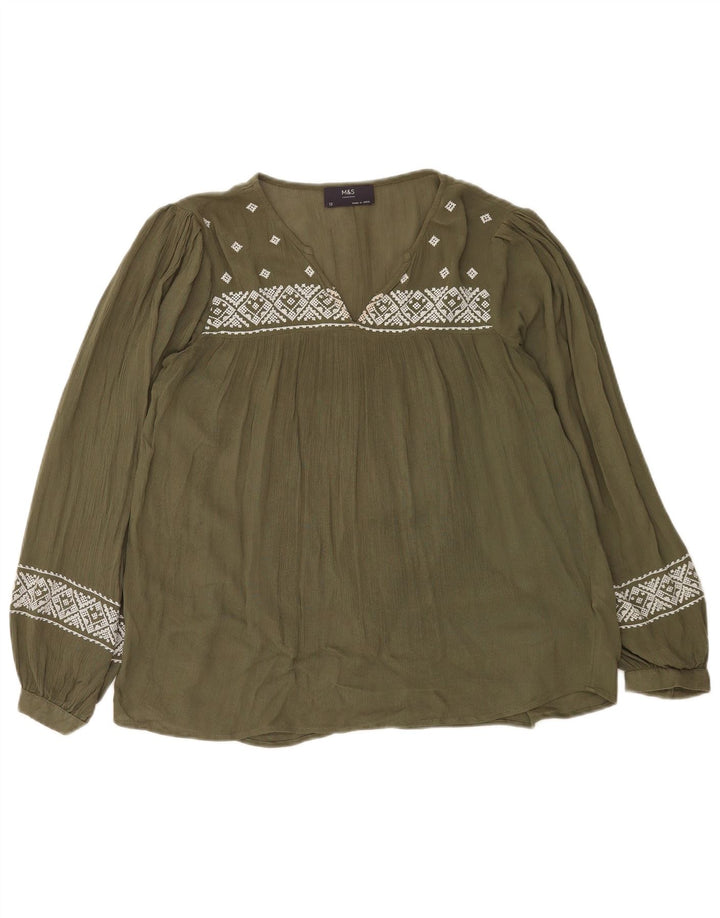 Marks & Spencer Damen Langarm-Blusenoberteil UK 12 Medium Khaki Geometrisch