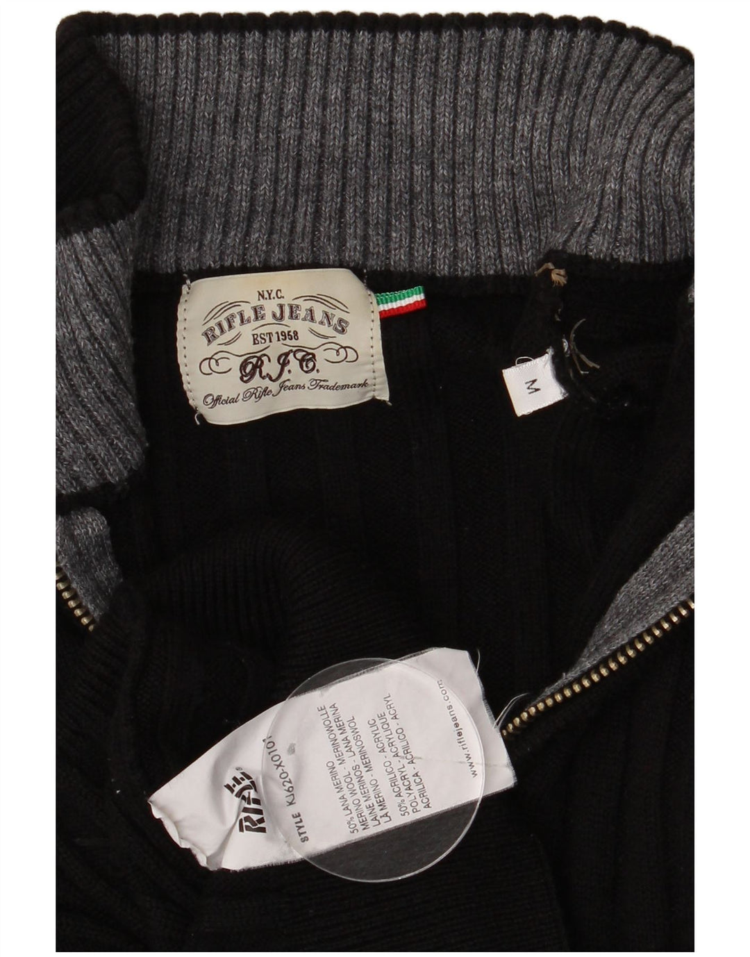 Rifle Herren-Pullover mit Reißverschluss am Hals, mittelschwarze Merinowolle