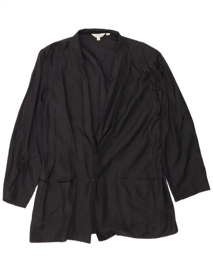 VINTAGE Damen 2-Knopf-Blazerjacke EU 42 Große schwarze Seide