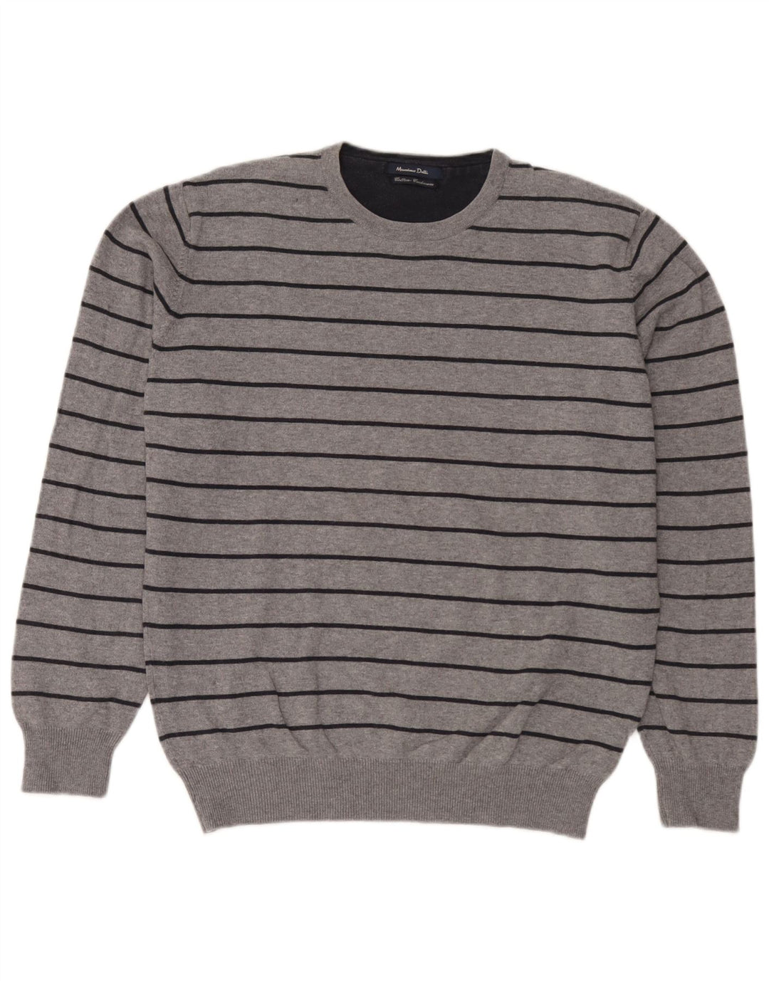 Massimo Dutti Herren-Pullover mit Rundhalsausschnitt, groß, grau gestreift, Baumwolle