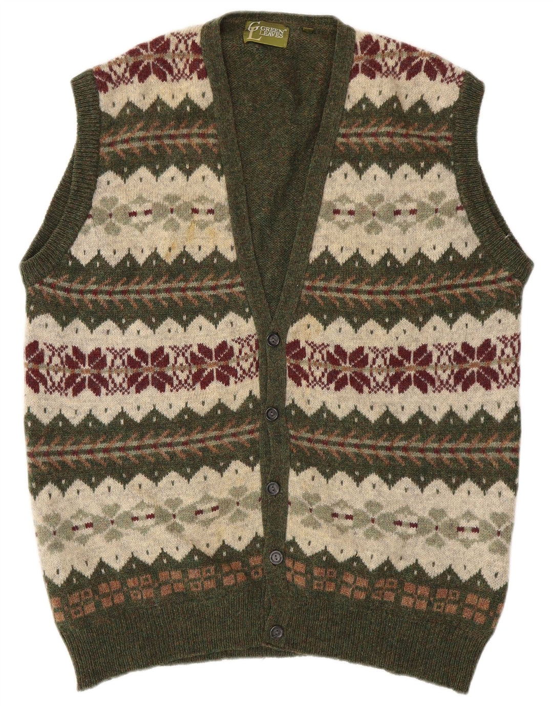 GREEN LEAVES Ärmelloser Herren-Cardigan-Pullover XL Grüne Fair-Isle-Wolle
