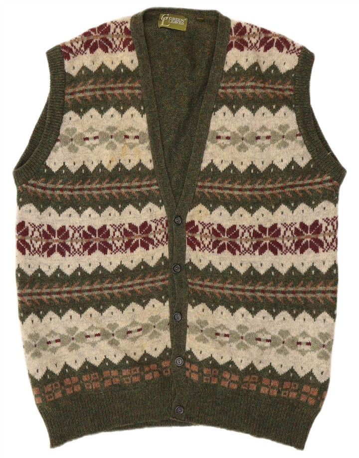 GREEN LEAVES Ärmelloser Herren-Cardigan-Pullover XL Grüne Fair-Isle-Wolle
