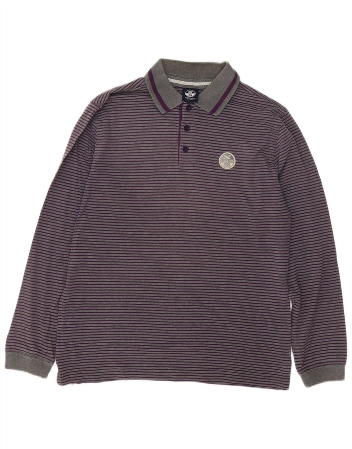 North Sails Herren-Langarm-Poloshirt aus mittelgrauer Nadelstreifen-Baumwolle