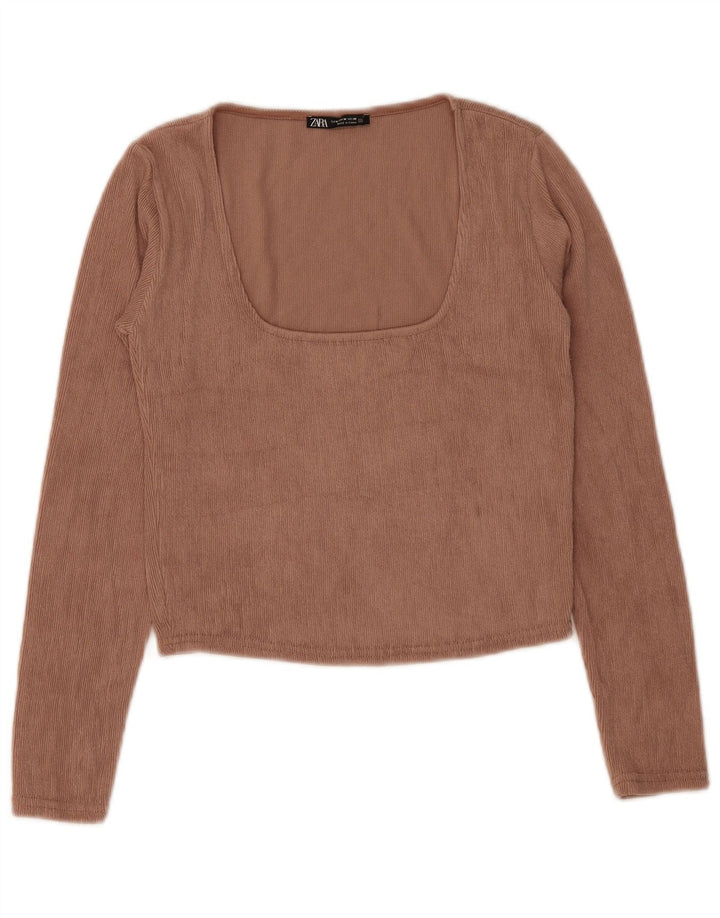 Zara Damen Crop Top Langarm UK 12 Mittelbraun Polyester