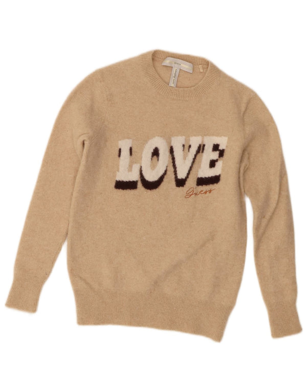 Guess Damen-Pullover mit grafischem Rundhalsausschnitt, UK 4, XS, Beige, Kaschmir