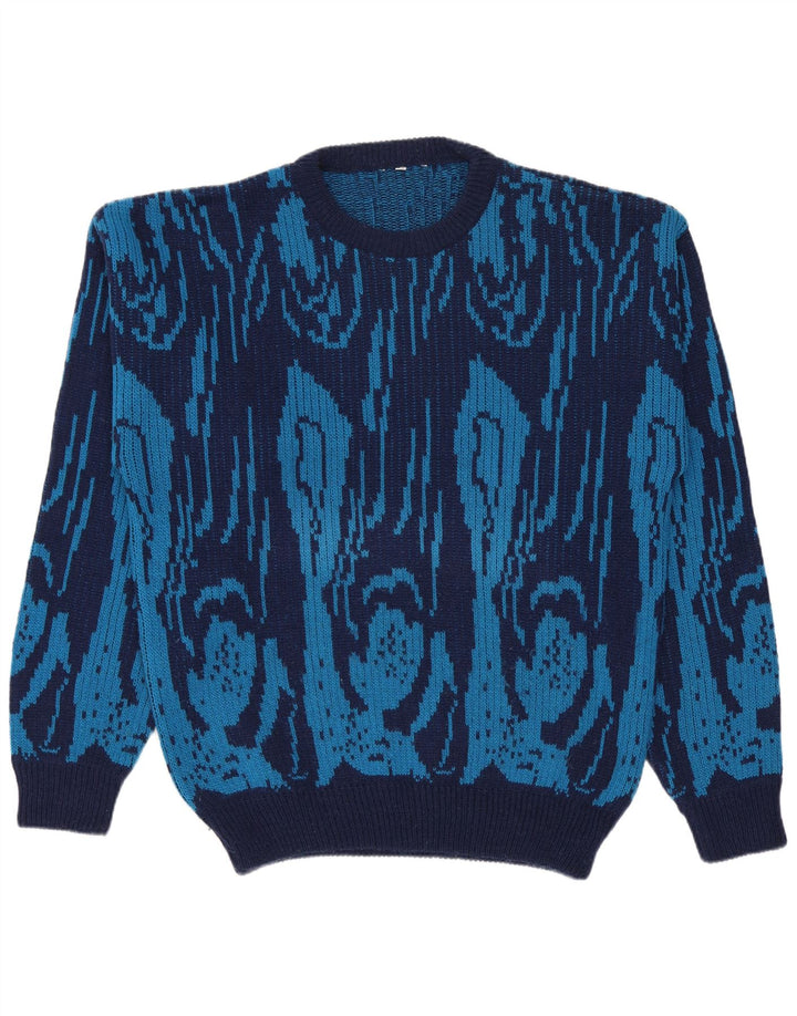 Vintage Herren Pullover mit Rundhalsausschnitt IT 50 Mittelblaue geometrische Wolle
