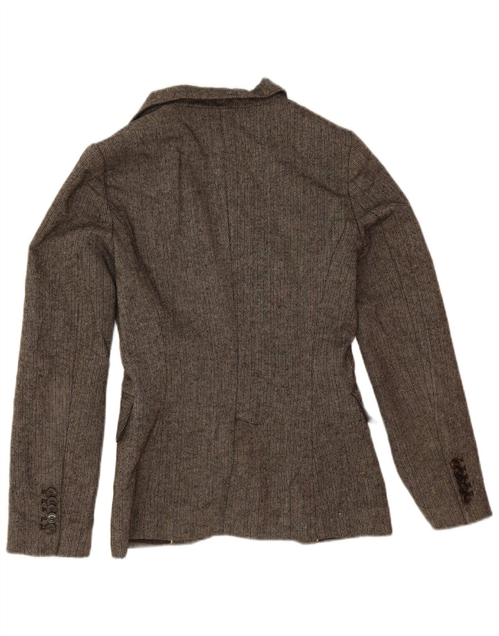 Zara Damen 1-Knopf-Blazerjacke UK 12 Mittelbraune Wolle mit Fischgrätenmuster