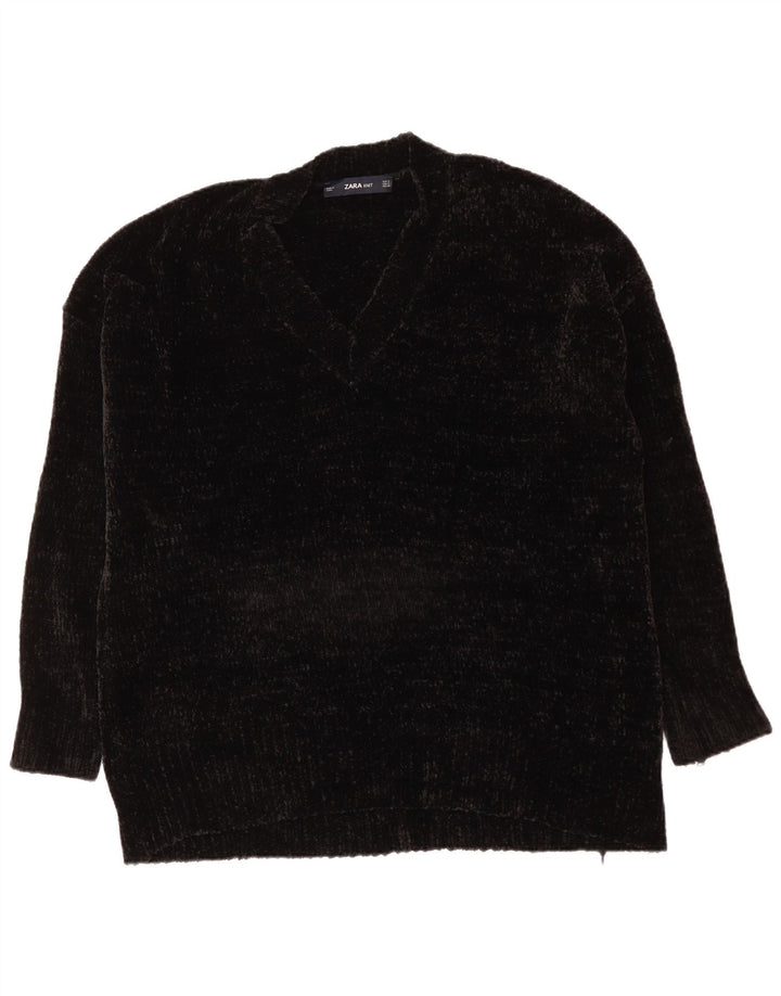 Zara Damen-Pullover aus Velours, übergroß, V-Ausschnitt, Gr. 10, Größe S, Schwarz