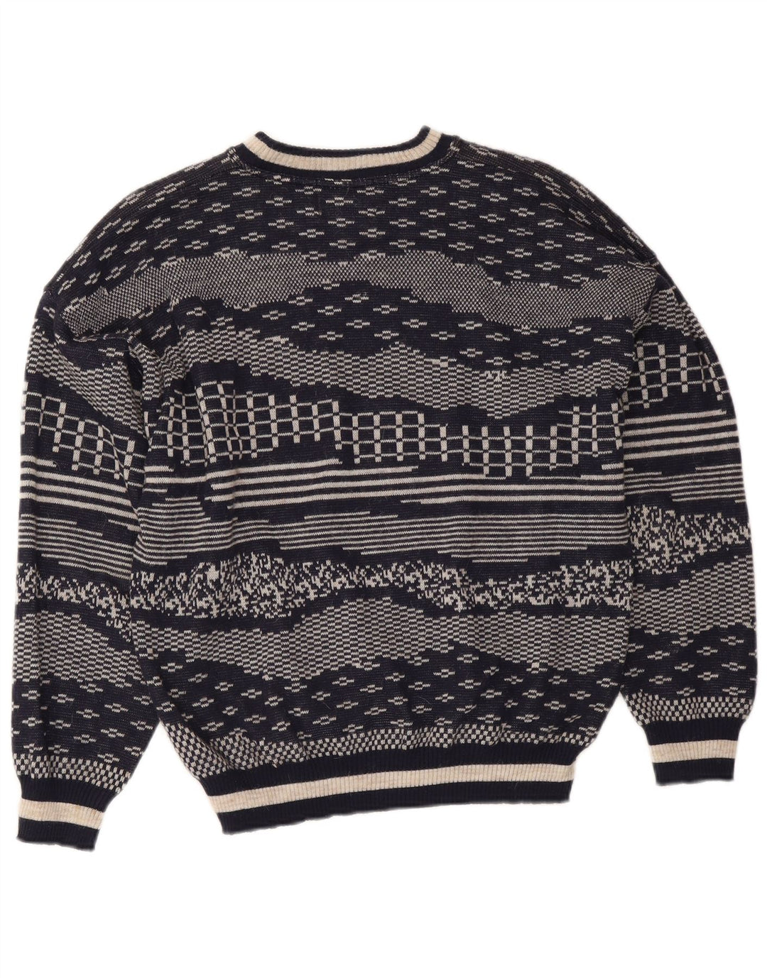 Vintage Herren-Pullover mit Rundhalsausschnitt, mittlere marineblaue geometrische Wolle