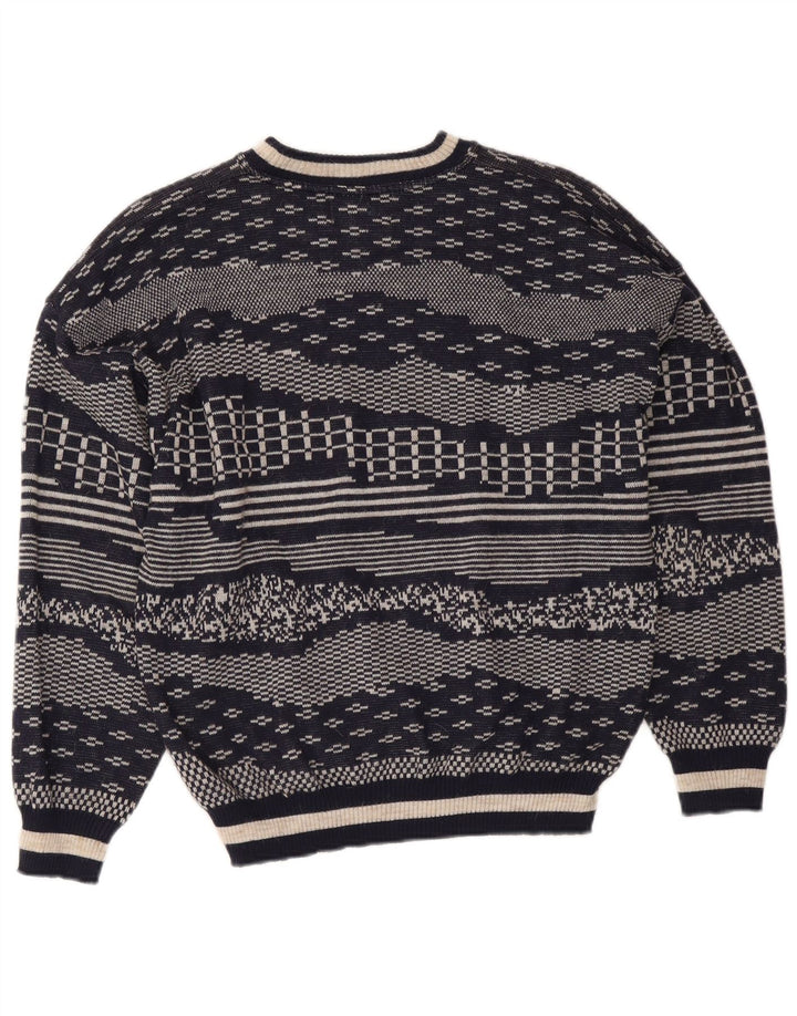 Vintage Herren-Pullover mit Rundhalsausschnitt, mittlere marineblaue geometrische Wolle