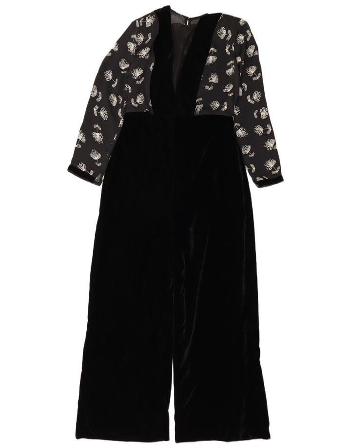 Vintage Damen Velours Overall UK 12 Medium Schwarz Floral Polyester
