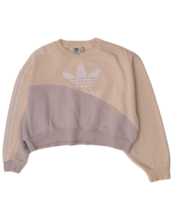 Adidas Damen Übergroßer Crop Hoodie Pullover UK 10 Small Beige Colourblock
