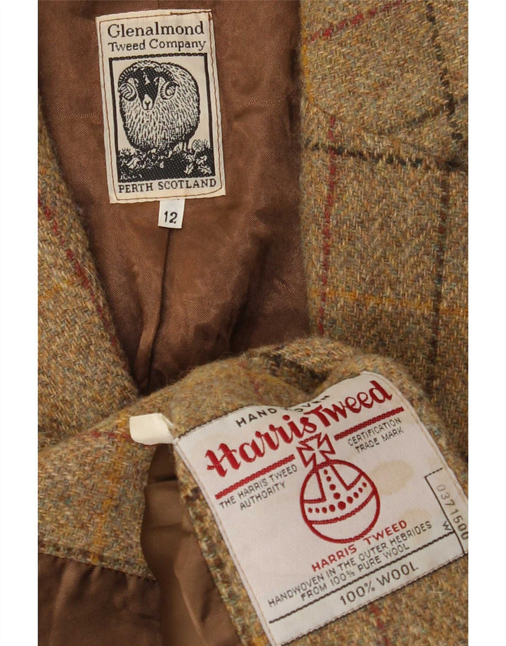 Harris Tweed Damen-Blazerjacke mit 3 Knöpfen, UK 12, mittelbraun karierte Wolle