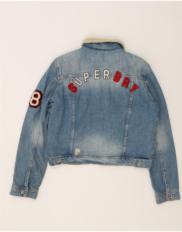 Superdry Damen Crop Graphic Denim Sherpa Jacke UK 16 Large Blau Baumwolle