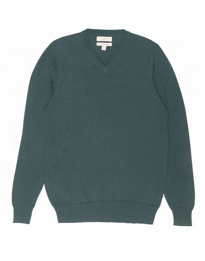 Marks & Spencer Herren-Pullover mit V-Ausschnitt, Größe S, grüne Baumwolle