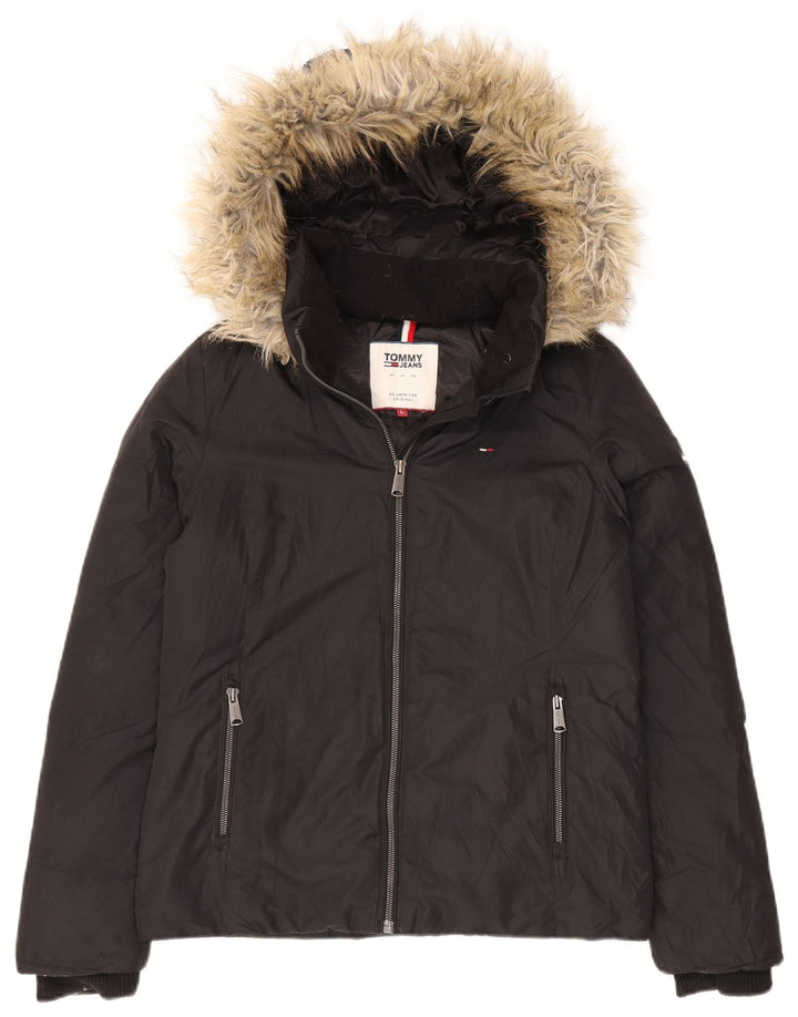 Tommy Hilfiger Wattierte Damenjacke mit Kapuze, UK 16, Größe L, Schwarz, Polyester