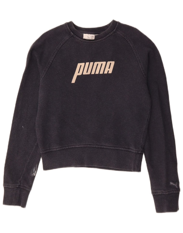Puma Womens Crop Graphic Sweatshirt Jumper UK 10 Small Navy Blue Cotton