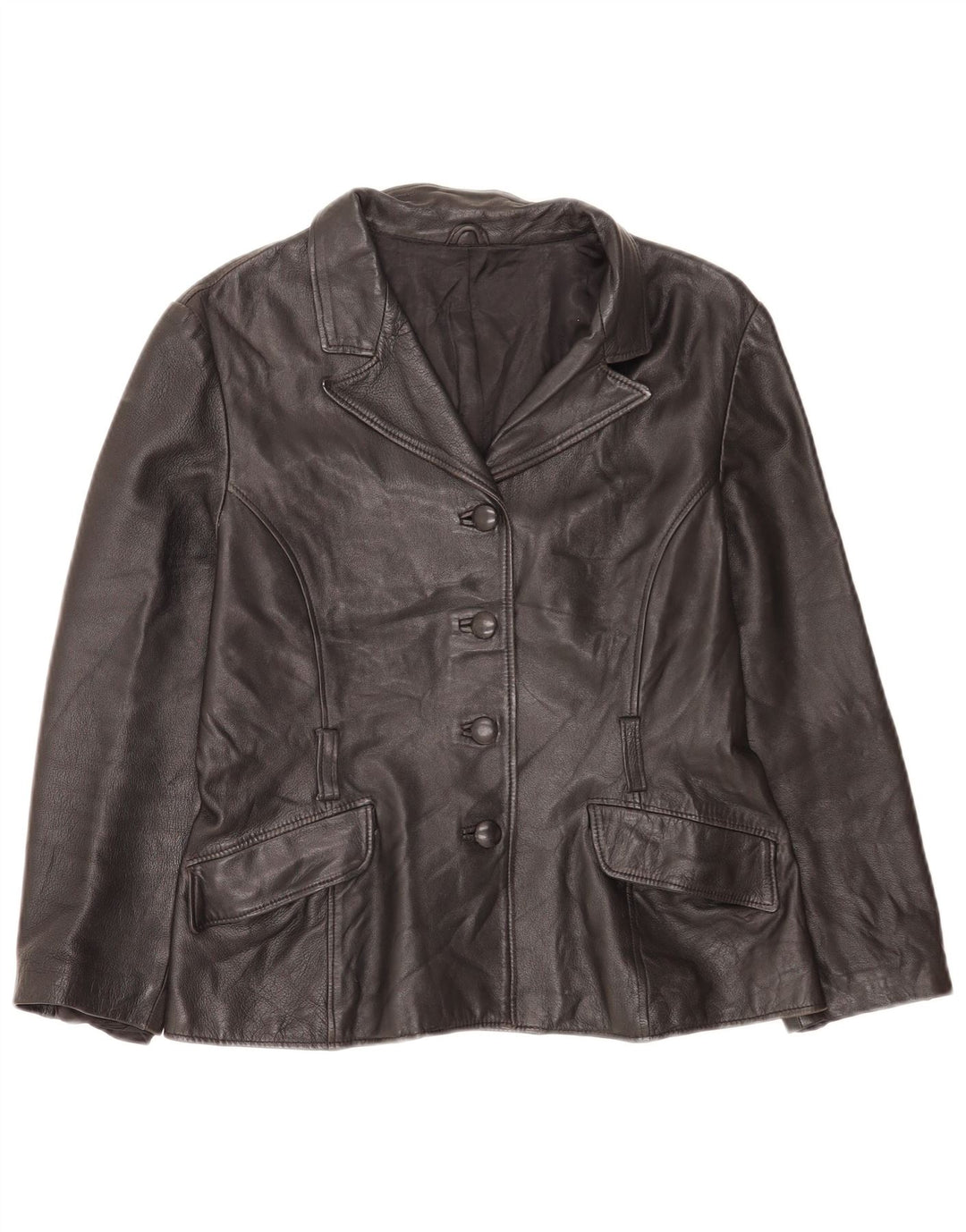 Vintage Damen 4 Knopf Leder Blazer Jacke UK 14 Medium Black Classic