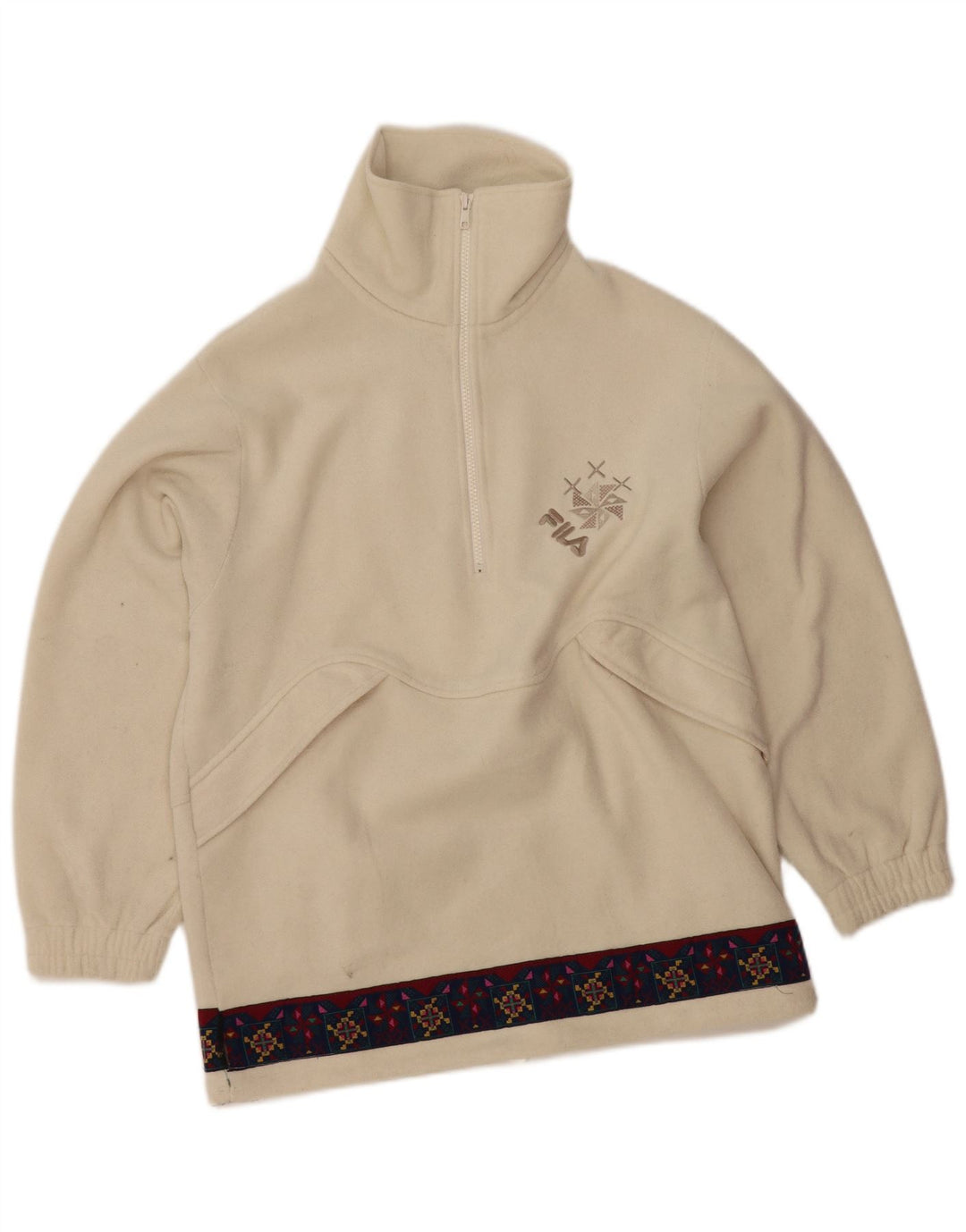 FILA Damen-Fleecepullover mit grafischem Reißverschluss und Kragen, Größe 46, groß, gebrochenes Weiß, geometrisch