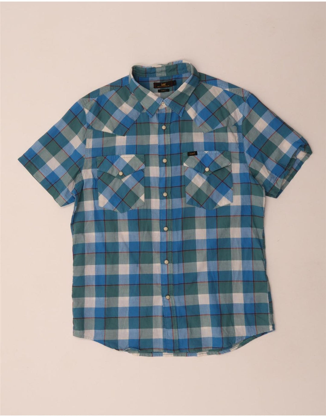 Lee Herren-Hemd, kurzärmelig, Slim-Fit, groß, blau kariert, Baumwolle