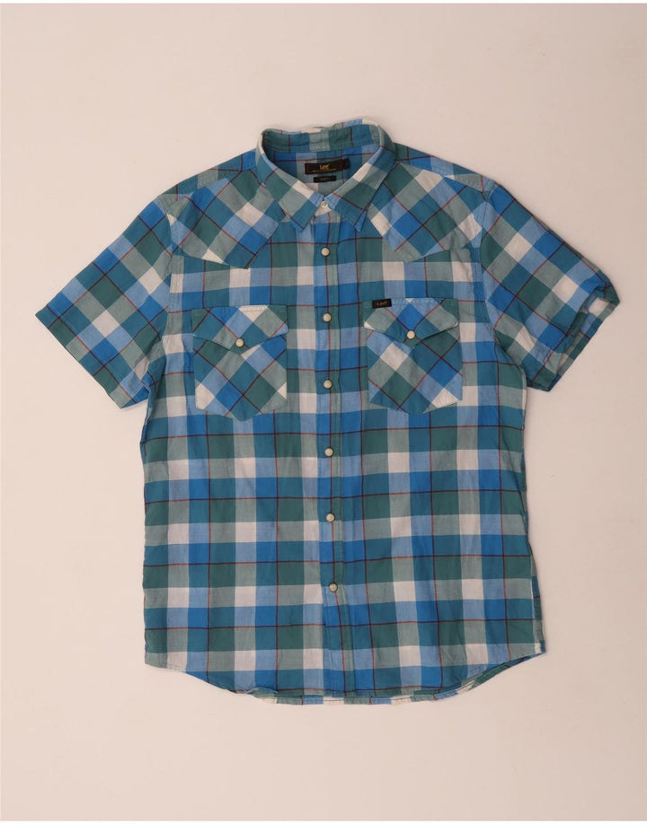 Lee Herren-Hemd, kurzärmelig, Slim-Fit, groß, blau kariert, Baumwolle