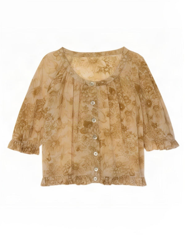 Vintage Damen Kurzarm-Hemdbluse UK 14 Large Beige Floral