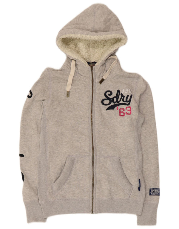 Superdry Damen-Kapuzenpullover mit grafischem Reißverschluss, UK 12, mittelgraue Baumwolle